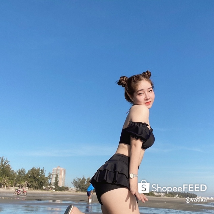 [HÌNH THẬT＋FEEDBACK]  Bikini nữ 2 mảnh màu đen tay bồng phối váy dễ thương VATIXA BKN77 ĐEN