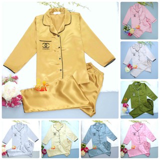 Bộ Đồ Pijama Phi Lụa Viền " Thêu Chữ " tay dài cao cấp - Dưới 60kg