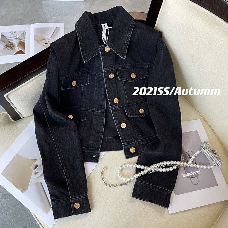 Áo Khoác Denim Màu Đen Dáng Ngắn Phong Cách Hong Kong Thời Trang Mùa Xuân 2022