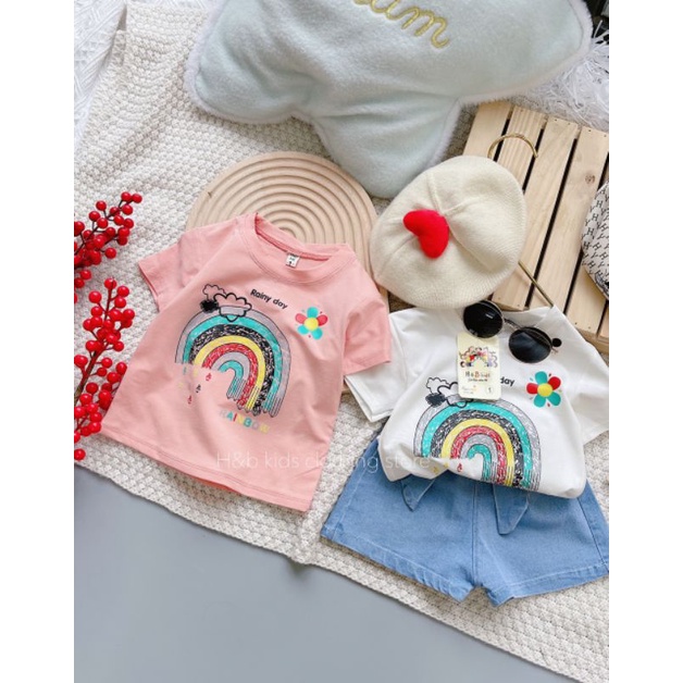 ✓8-18kg✓ Set bộ áo phông quần jean bé gái HB kids hoạ tiết cầu vồng