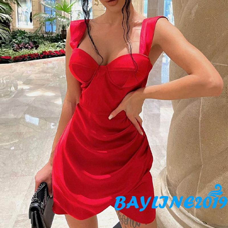 Bay-Ladies Temperament Ruched Slip Dress, Women Leisure Style Solid Color Low Cut Sleeveless Backless Slim Short Hip Skirt