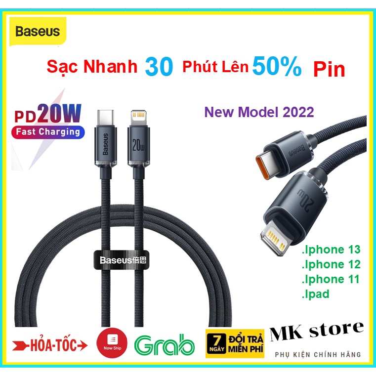 Cáp sạc nhanh 20W, truyền dữ liệu tốc độ cao siêu bền Iphone 13 Pro max ,12 ,11 ,Xmax,ipad Baseus Crystal Shine Series