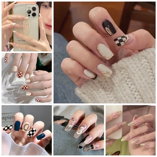 [Hàng mới về] Móng tay giả họa tiết kẻ ô thời trang kèm keo dành cho nữ R251-R300