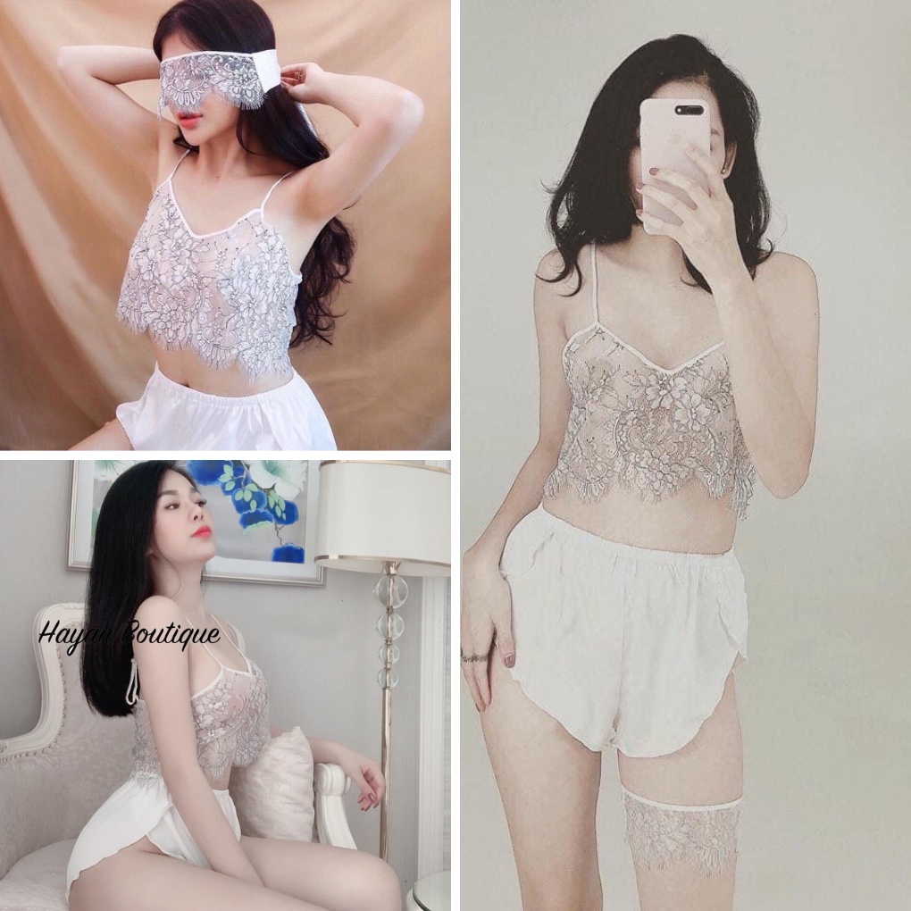 Bộ ngủ hai dây sexy hoạ tiết hoa trắng QUẢNG CHÂU #HT71