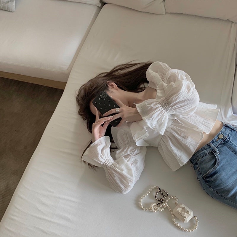 Áo Kiểu Nữ Tay Dài Phồng Nhún Cổ Vuông Phối Bèo Chất Xốp Dễ Thương Bánh Bèo Hàn Quốc Luviecloset