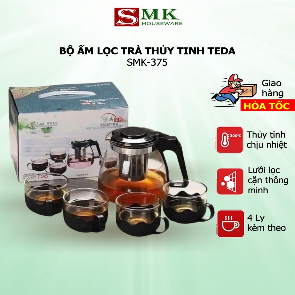 Bộ Ấm Trà Thủy Tinh Chịu Nhiệt TEDA Có Lưới Lọc Và Kèm 4 Ly