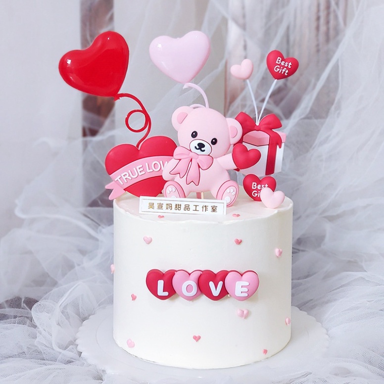 phụ kiện bánh kem [FREESHIP❤️] bộ cắm nhựa dẻo gấu LOVE hồng