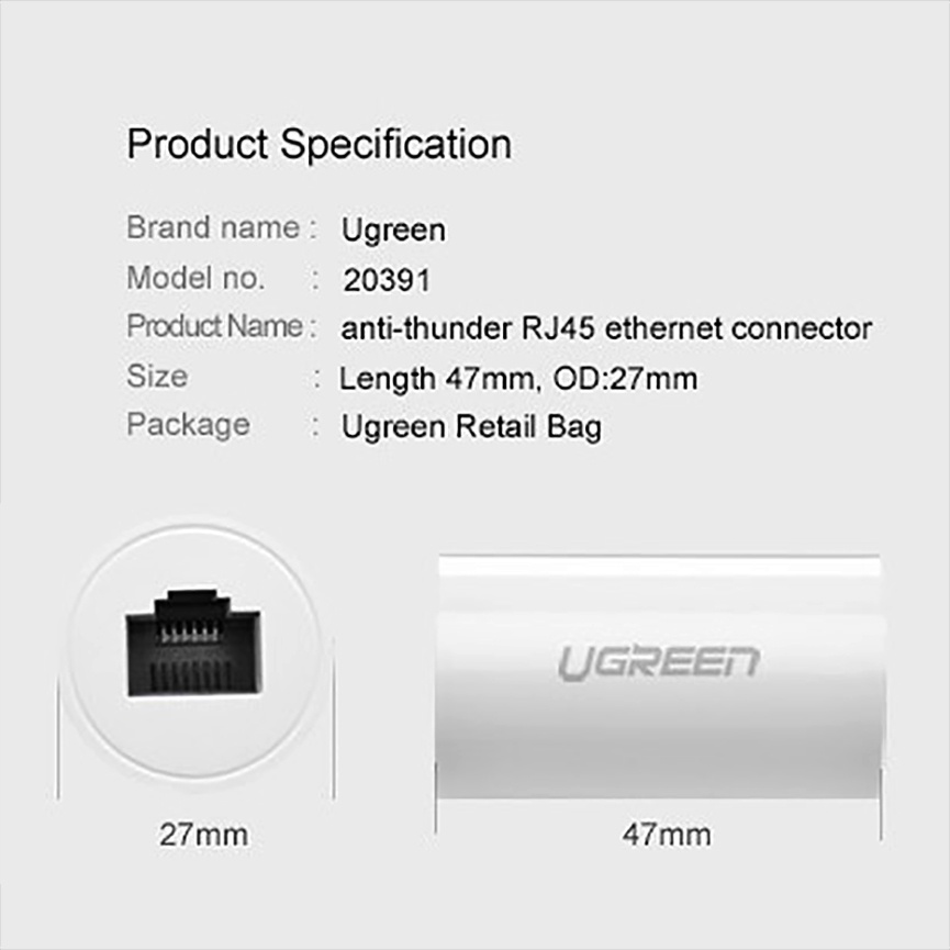 Đầu Nối Cáp Mạng Chống Sấm Sét RJ45 Cao Cấp, UGREEN NW116 Chính Hãng