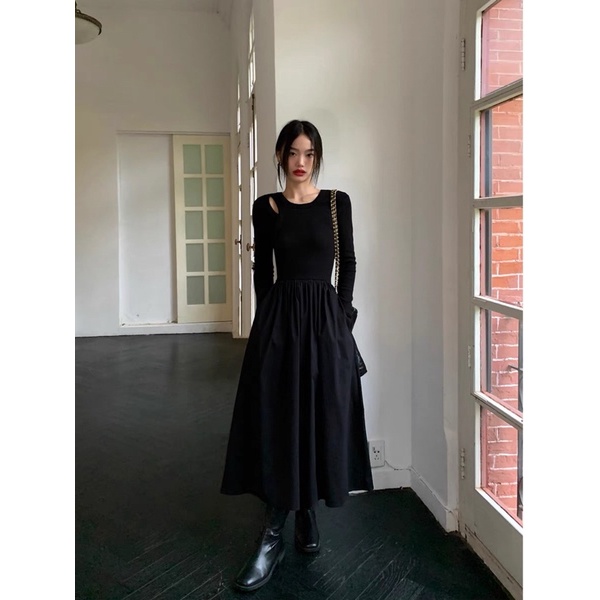 Đầm dài tay chân váy xoè cutout vai