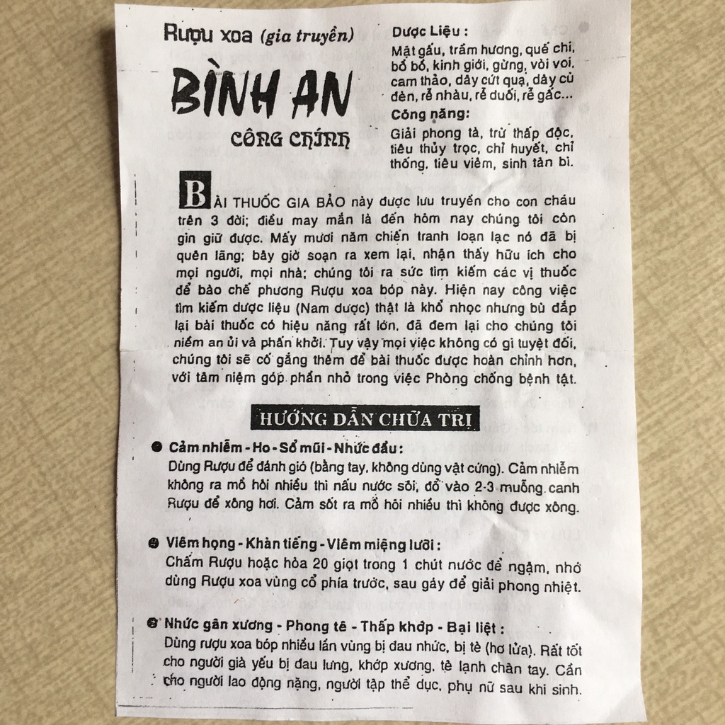 Dầu xoa bóp, rượu xoa bóp xương khớp gia truyền Bình An Công Chính
