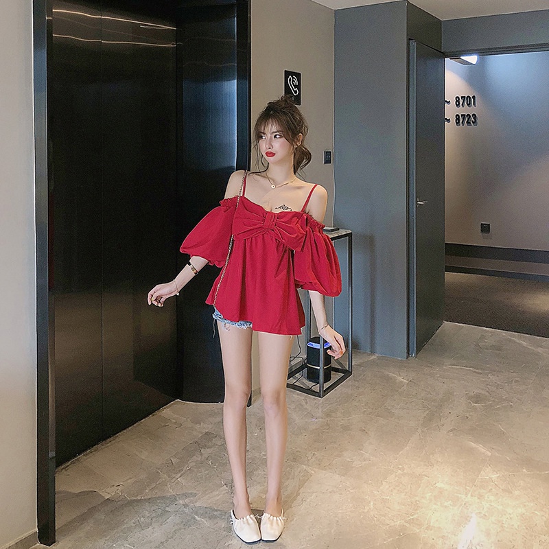 [HCM] Áo kiểu nữ, áo nữ 2 dây tay dài màu đỏ đủ size S M L hàng VNXK SKUA-27