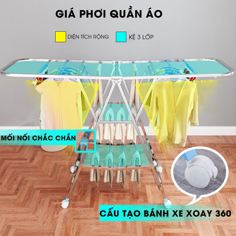 Thang Phơi Nằm Ngang kết hợp Giá phơi quần áo loại sào, cây treo đồ inox, giàn phơi có thể gấp gọn tích hợp Bánh Xe