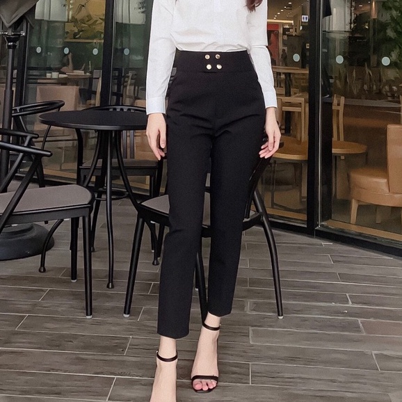 Quần baggy nữ lưng cao phối 4 cúc cực đẹp -  quần tây nữ cạp cao công sở chất vải đẹp