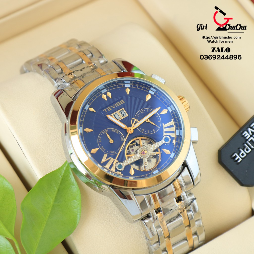 Đồng hồ nam Teivse cơ lộ máy chạy full các kim nhỏ, mặt xanh dương phong cách trẻ trung sang trọng