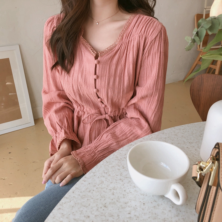 SUXI Áo nữ tay dài cổ chữ V thời trang phong cách Hàn Quốc