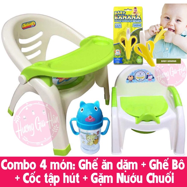 Combo 4 món: Ghế Ăn Dặm, Ghế Bô, Gặm Nướu Chuối, Cốc Tập Hút