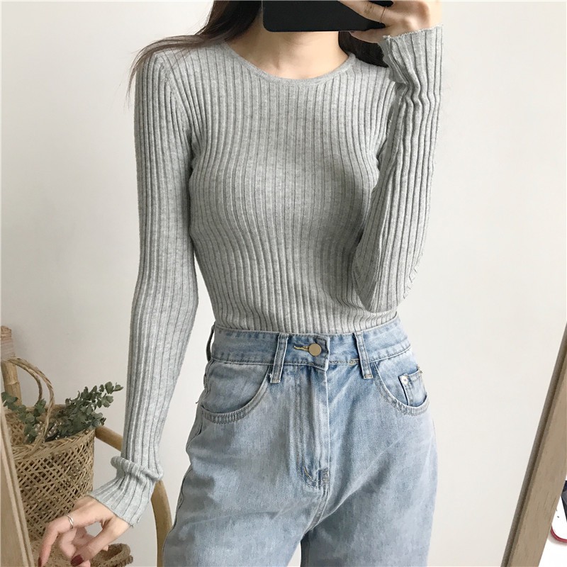 Áo Sweater Dệt Kim Tay Dài Màu Trơn Dễ Phối Đồ Thời Trang Cho Nữ