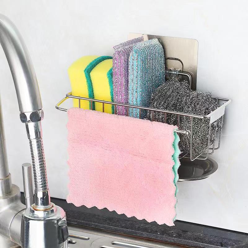 Kệ Inox Để Đồ Rửa Chén Bát Dán Tường - Giá Kèm Khay Hứng Nước, Móc Treo Khăn Đa Năng - Giỏ Đựng Giẻ Rửa Bát Dính Tường