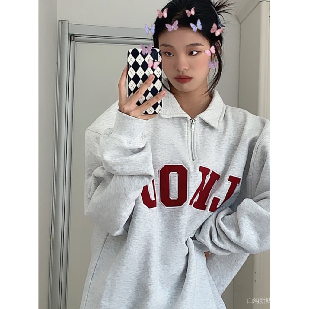 Áo khoác tay dài khóa kéo thêu chữ phong cách đường phố thời trang mùa thu đông mới