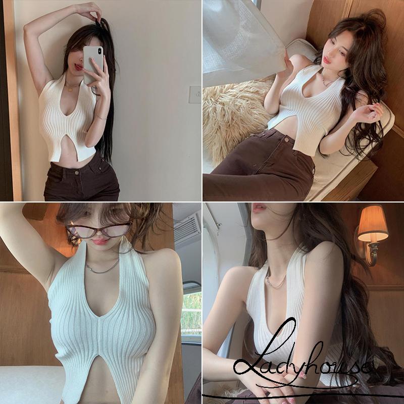 Áo Croptop Hai Dây Cổ Chữ V Dáng Ôm Xẻ Tà Hở Lưng Thời Trang Cho Nữ