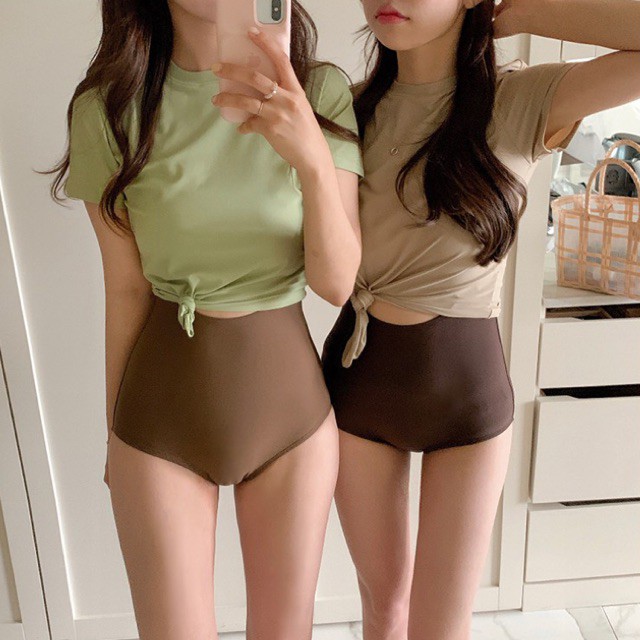 Bikini đồ bơi nữ 1 mảnh liền thân 2 dây phối màu kèm áo phông khoác ngoài
