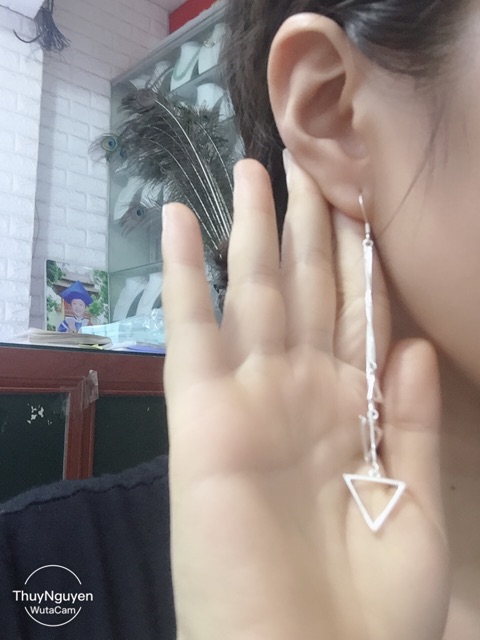 Khuyên tai móc câu sợi mỳ dài treo tam giác bạc thật cao cấp hạ cánh nơi anh xi kim