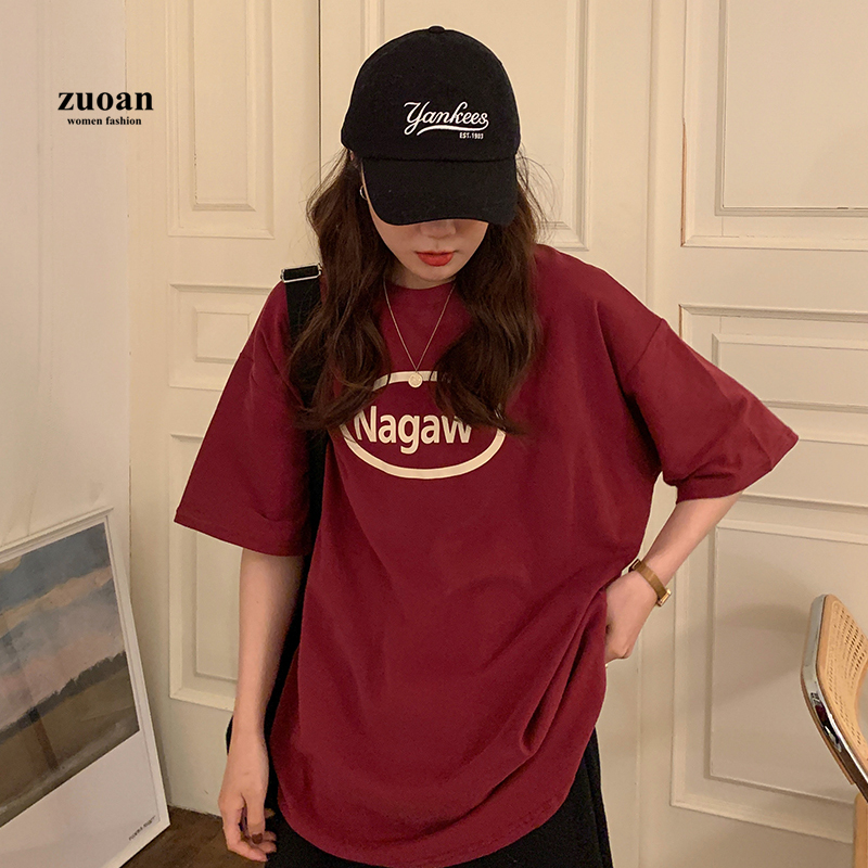 SUXI Áo thun tay ngắn dáng rộng in họa tiết chữ cái thời trang dành cho nữ