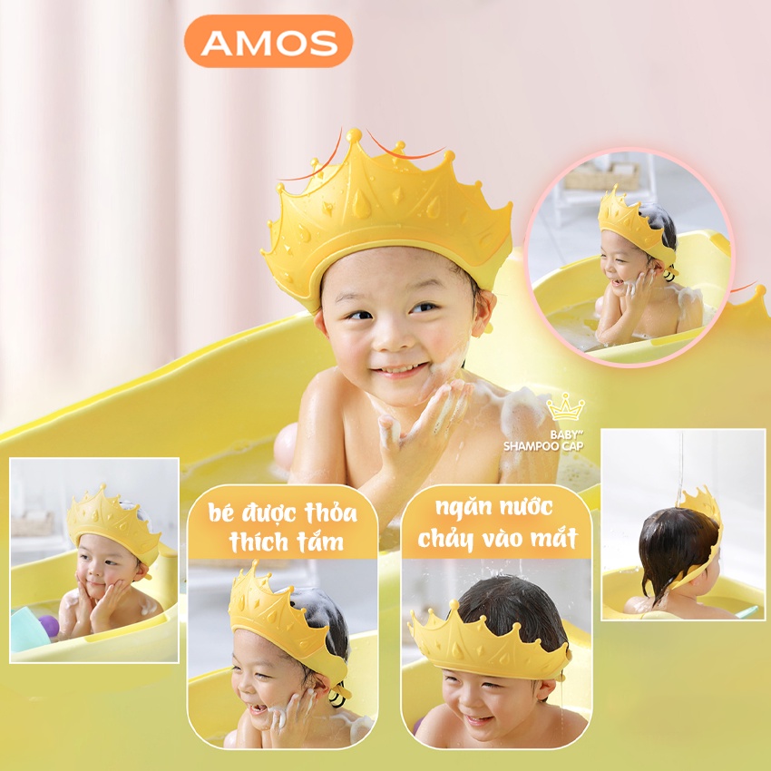 Mũ đội đầu chắn nước khi tắm AMOS bảo vệ tai mắt tạo hình vương miện điều chỉnh vòng đầu chất liệu PP+ TPE cao cấp