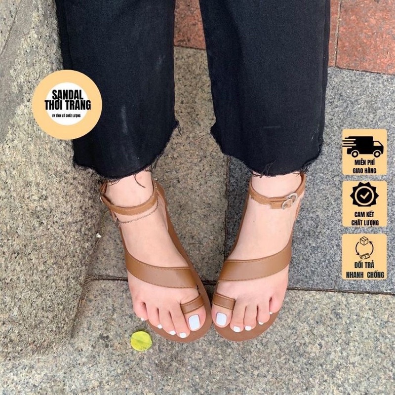 Giày sandal nữ xỏ ngón quai chéo đế bệt, đi học, đi chơi 2 màu nâu bò/ đen full size 30-42 SANDALTHOITRANG