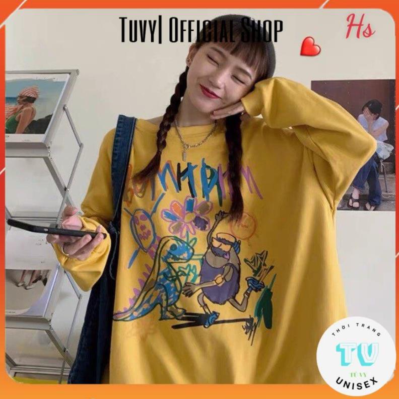 Áo nỉ nam nữ unisex TUVYSHOP Áo Sweater in khủng long Bom trần bông dày ấm 2 màu vàng xanh