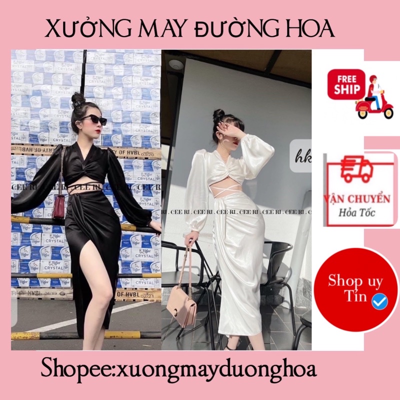 Sét áo lụa cổ xoắn buộc dây phối chân váy chéo xẻ tà