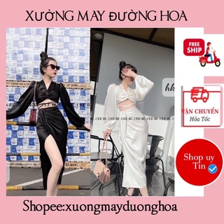Sét áo lụa cổ xoắn buộc dây phối chân váy chéo xẻ tà