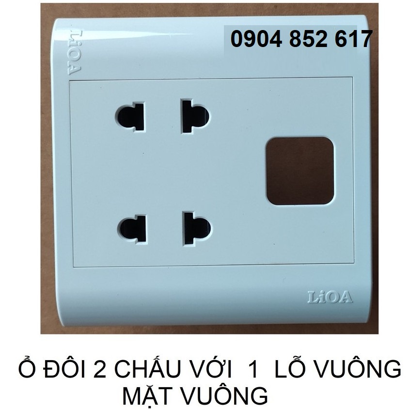 Mặt Vuông Ổ đôi 2 chấu + 1 lỗ công tắc Lioa