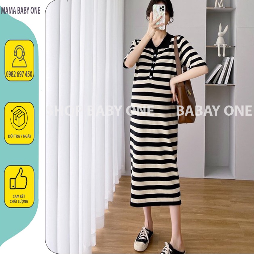ĐẦM BẦU SUÔNG DÁNG DÀI CỔ SƠ MI CHẤT COTTON CAO CẤP, VÁY BẦU KẺ SỌC THỜI TRANG HÀN QUỐC