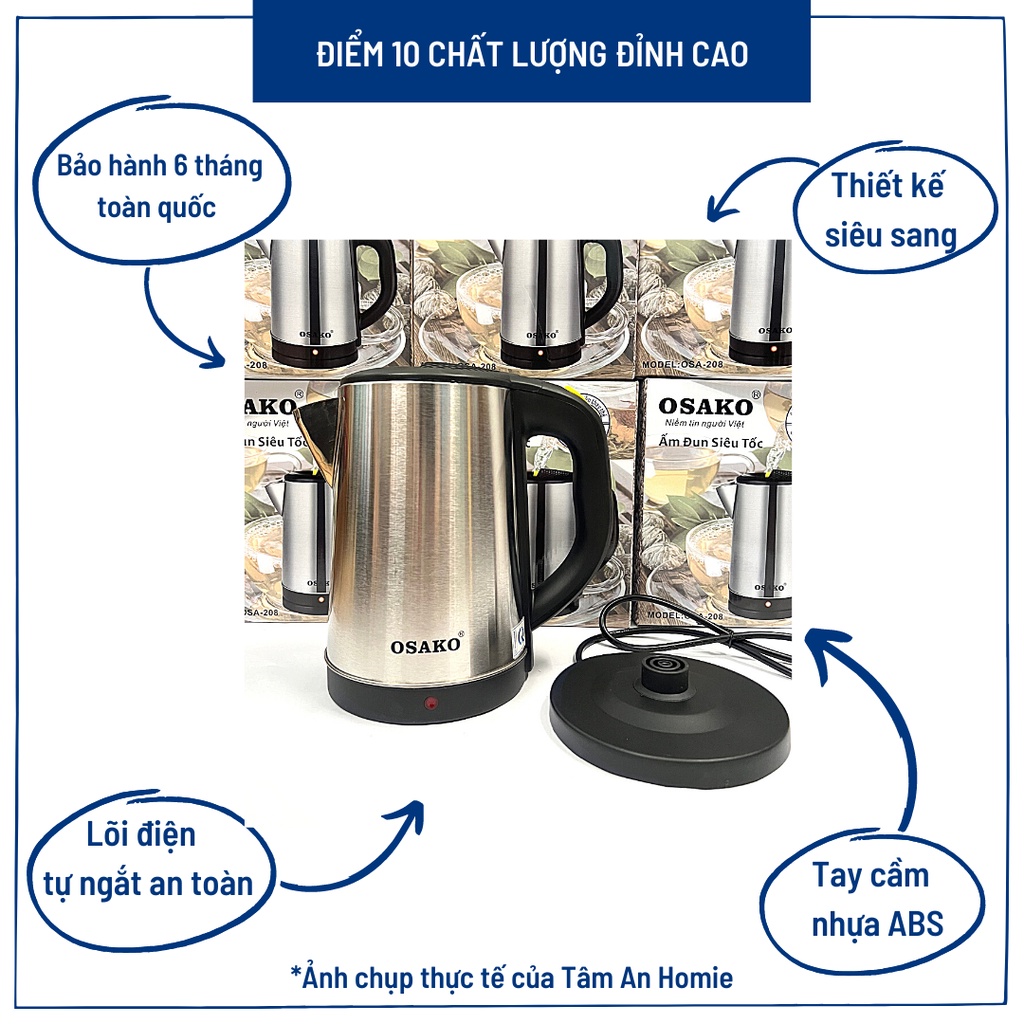 Ấm siêu tốc Inox 2L Osako OSA-208 [GIÁ TỐT] chính hãng 2L, bình điện đun nước pha sữa nhanh bảo hành 12 tháng toàn quốc