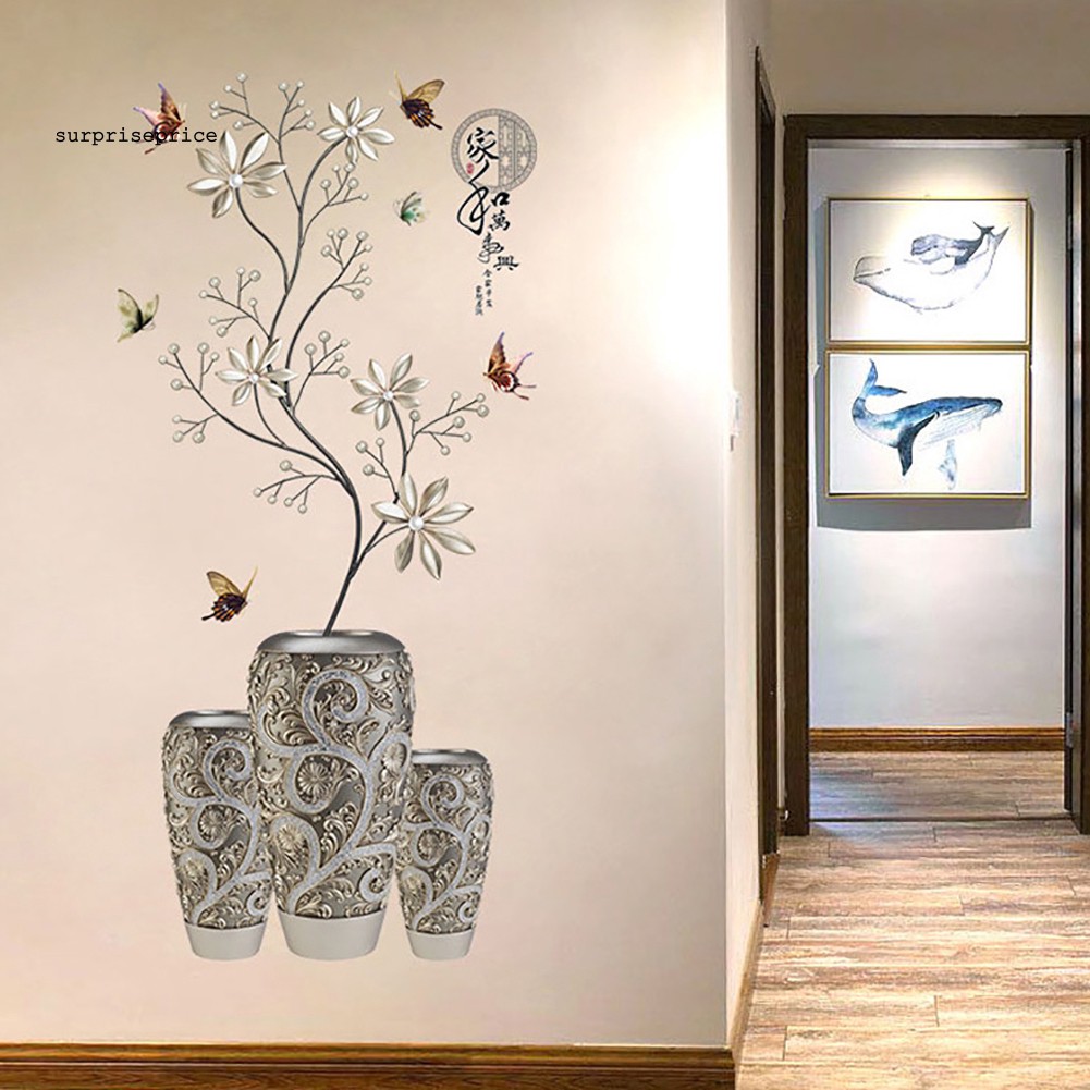 Giấy dán tường trang trí hình lọ hoa và bướm đáng yêu bắt mắt