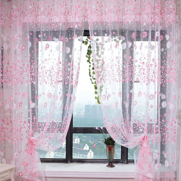 Rèm Cửa Vải Voan In Hoa Màu Hồng Trang Trí Phòng Ngủ / Nhà Bếp