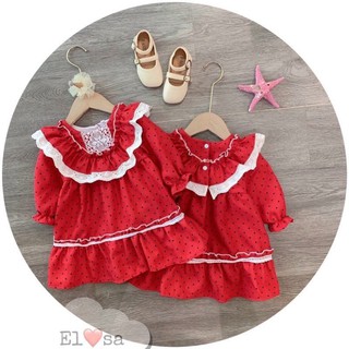 Xả Váy nhung đỏ phối ren bi đen bé gái