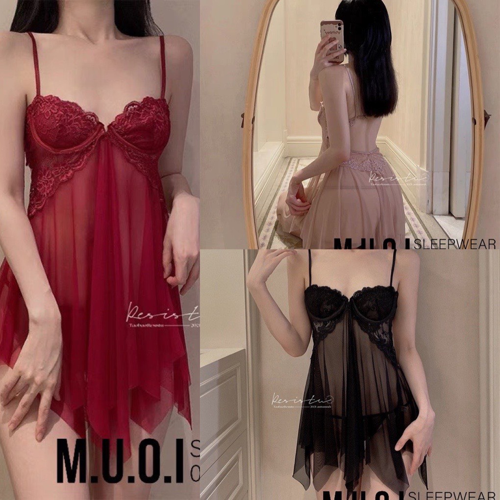 Váy ngủ sexy Quảng Châu[FREESHIP]-Sx 64 Váy ngủ xuyên thấu cup ngang tôn dáng ngực QCCC Muối Sleepwear-sẵn