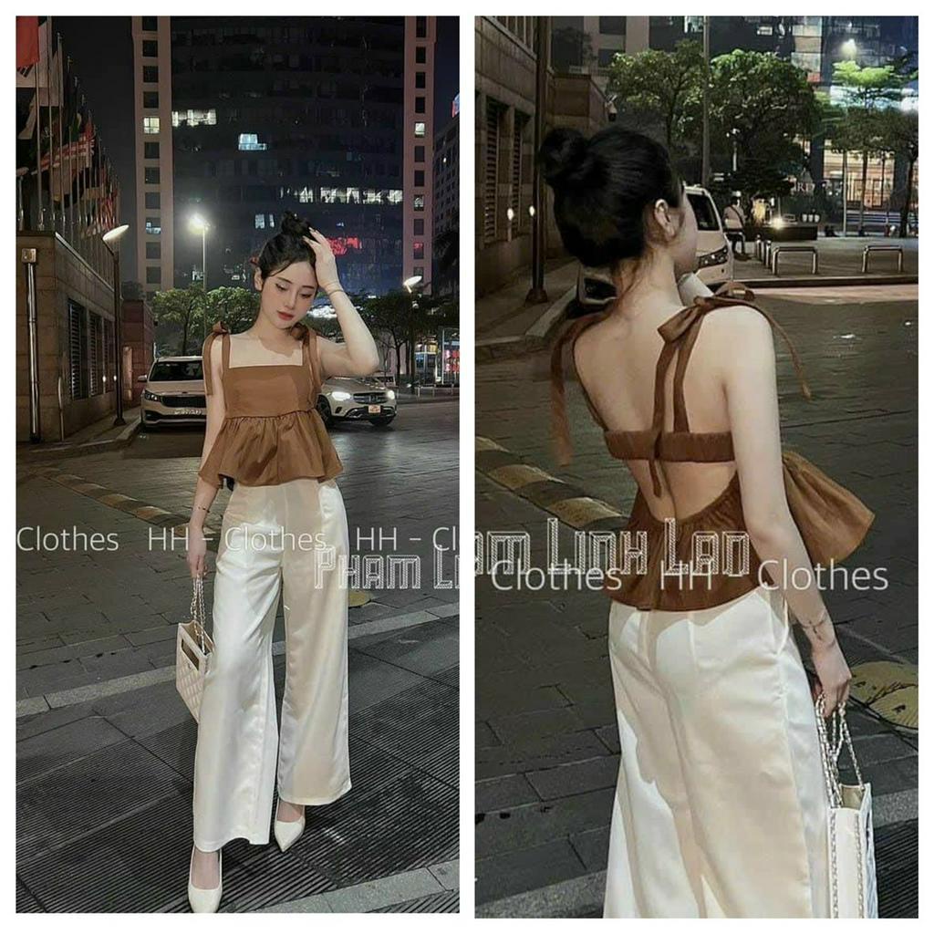 Set bộ áo dáng xòe 2 dây hở lưng siêu xinh phối quần ống loe thời trang mặc đi phố mát mẻ hot trend