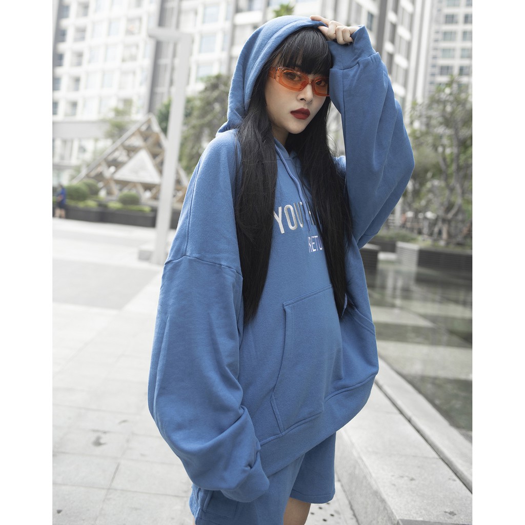 Áo Hoodie Youth Never Returns - Phía Trước Thêu Chữ Tỉ Mỉ - Chất Vải Nỉ Da Cá - Form Oversized Rộng Thoải Mái - Màu Xanh