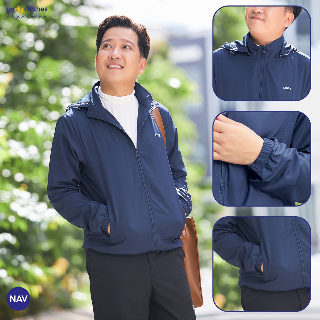 Áo khoác gió nam trượt nước thông minh YODY 2 lớp có mũ cản gió chống thấm cản bụi AKM5041