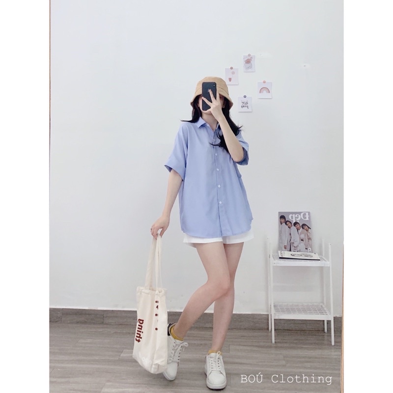 Set sơmi khuy lưng sọc nhuyễn + short trắng dành cho nữ (Ảnh thật)