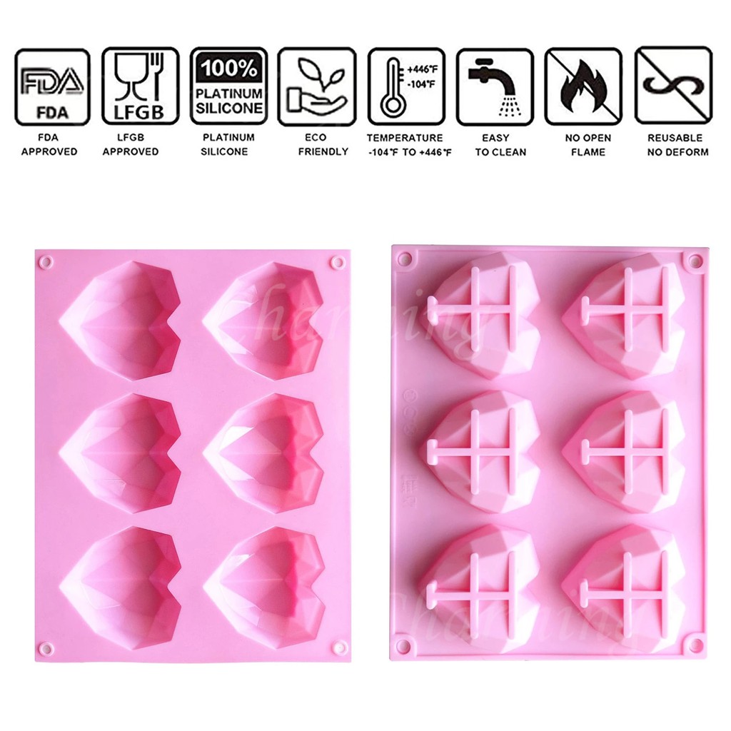 Khuôn Silicone 6 Ngăn Tạo Hình Trái Tim 3D Trang Trí Bánh