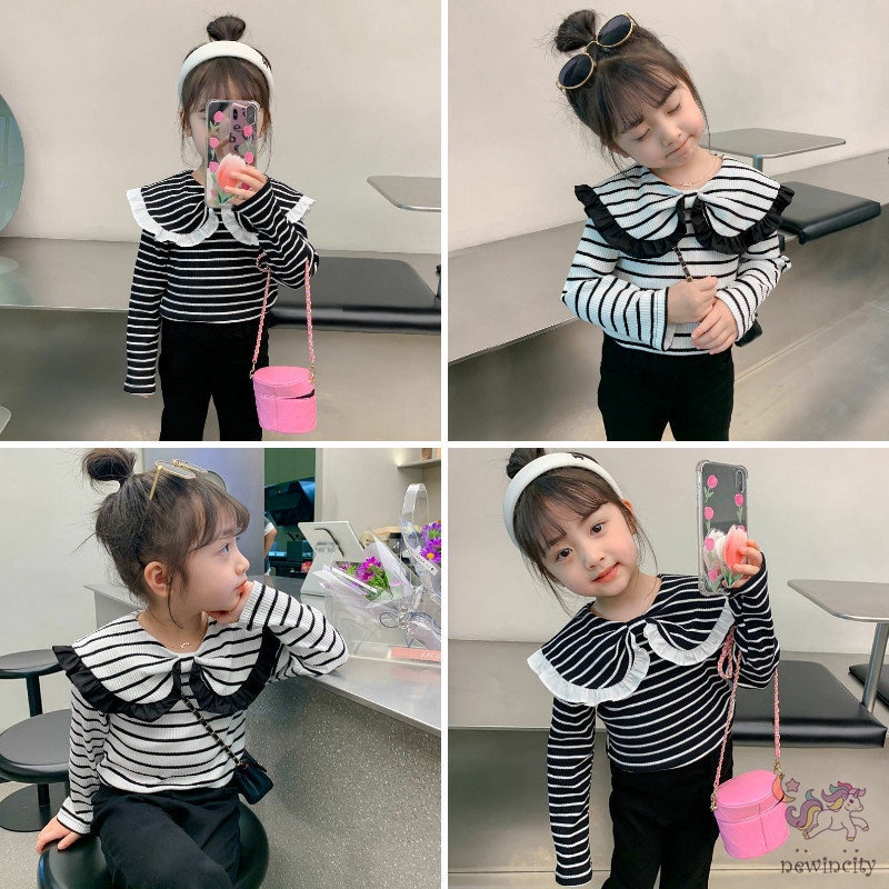 Áo Sơ Mi Tay Dài Cổ Búp Bê Họa Tiết Kẻ Sọc Đính Nơ Dễ Thương Thời Trang Mùa Thu Phong Cách Hàn Quốc Cho