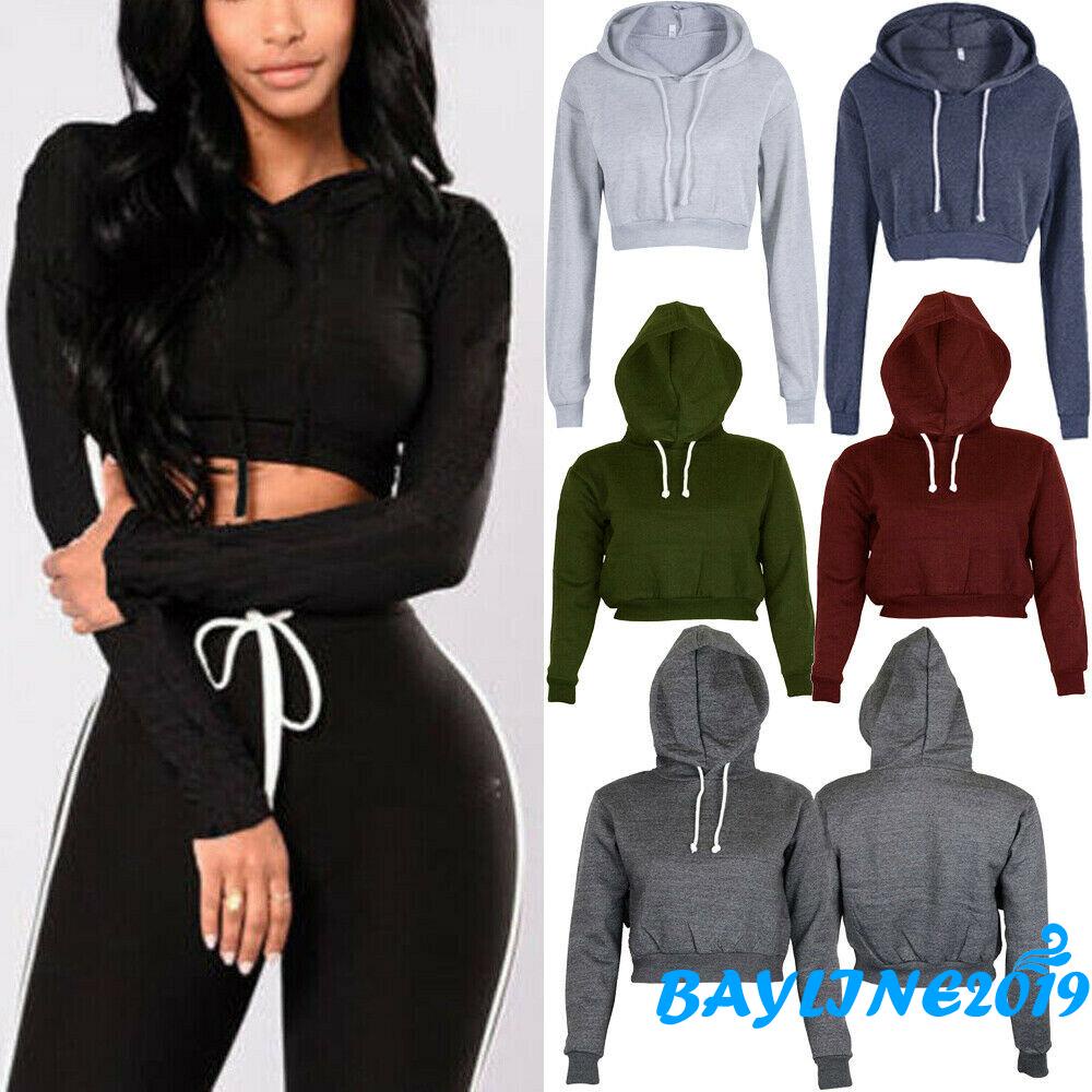 Áo hoodie lửng tay dài màu trơn thời trang cho nữ