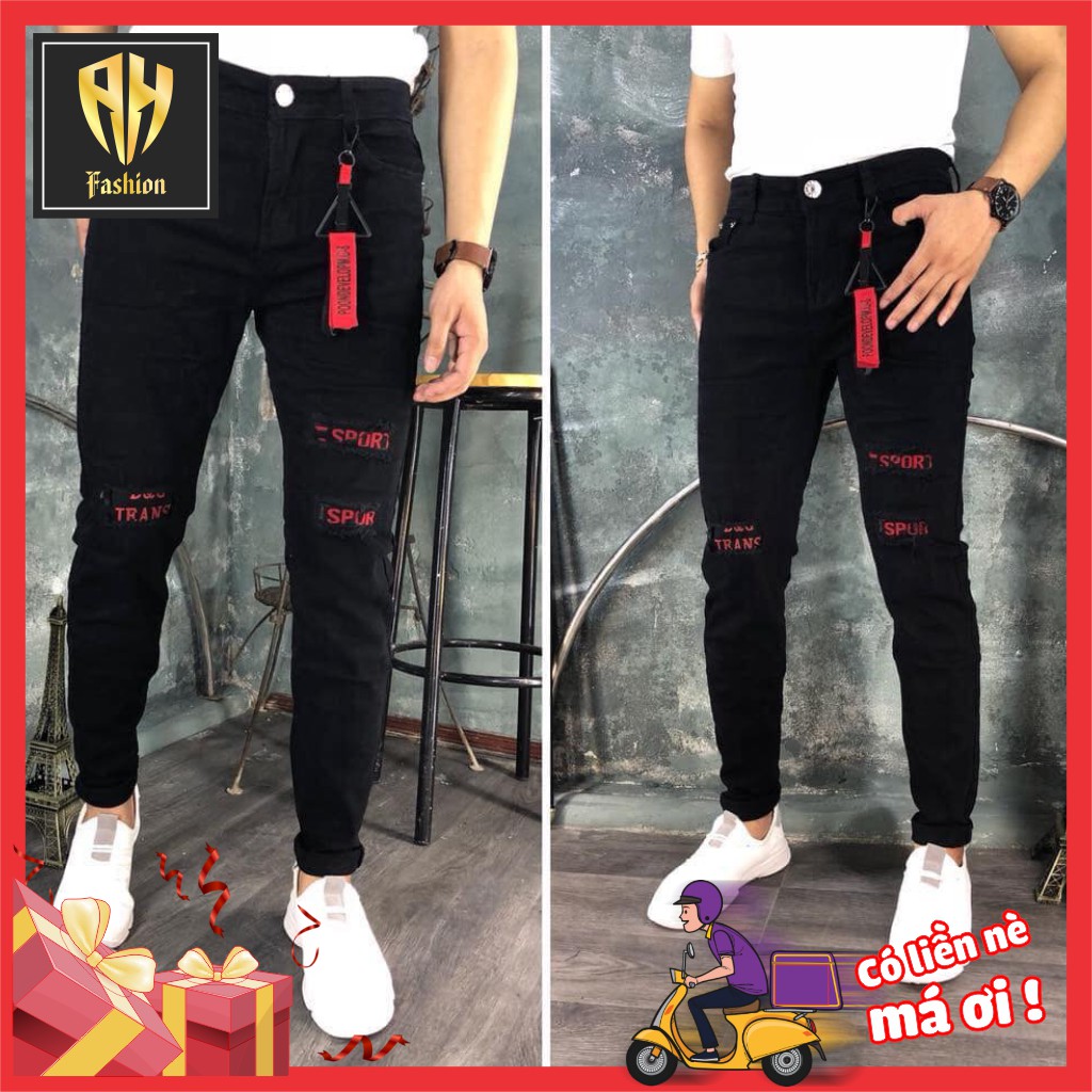  Quần jean nam cao cấp chất bò xanh rách gối co dãn in chữ AHFASHION MS4056 | BigBuy360 - bigbuy360.vn