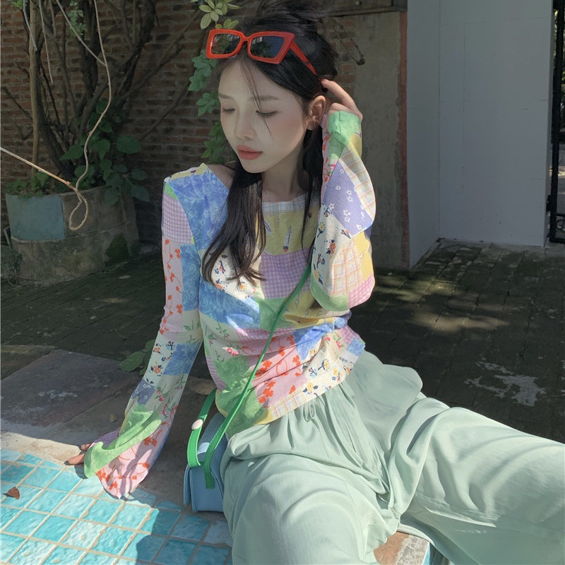 Áo Thun Tay Dài Dáng Rộng In Họa Tiết Phối Màu Thời Trang Mùa Hè Xinh Xắn Cho Nữ