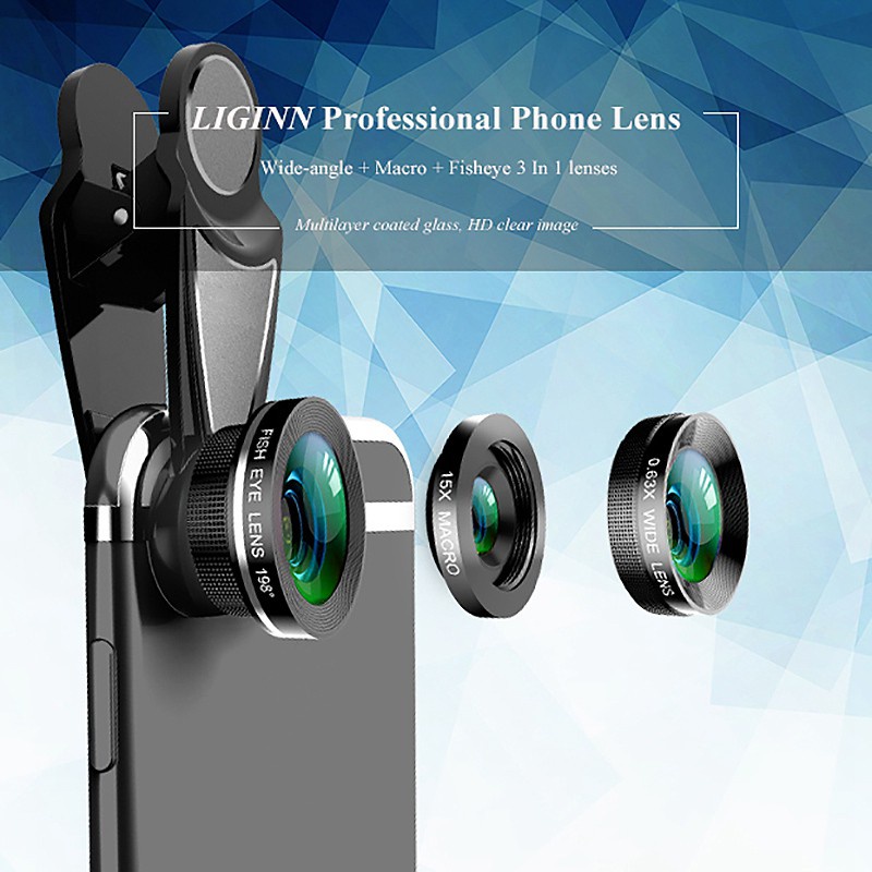 3 In 1 Phone Camera Lens Kit Fish Eye 0.63X Wide-Angle 15X Macro Lens For Iphone X 8 7 Plus Nokia 6 5 Mobile Lens