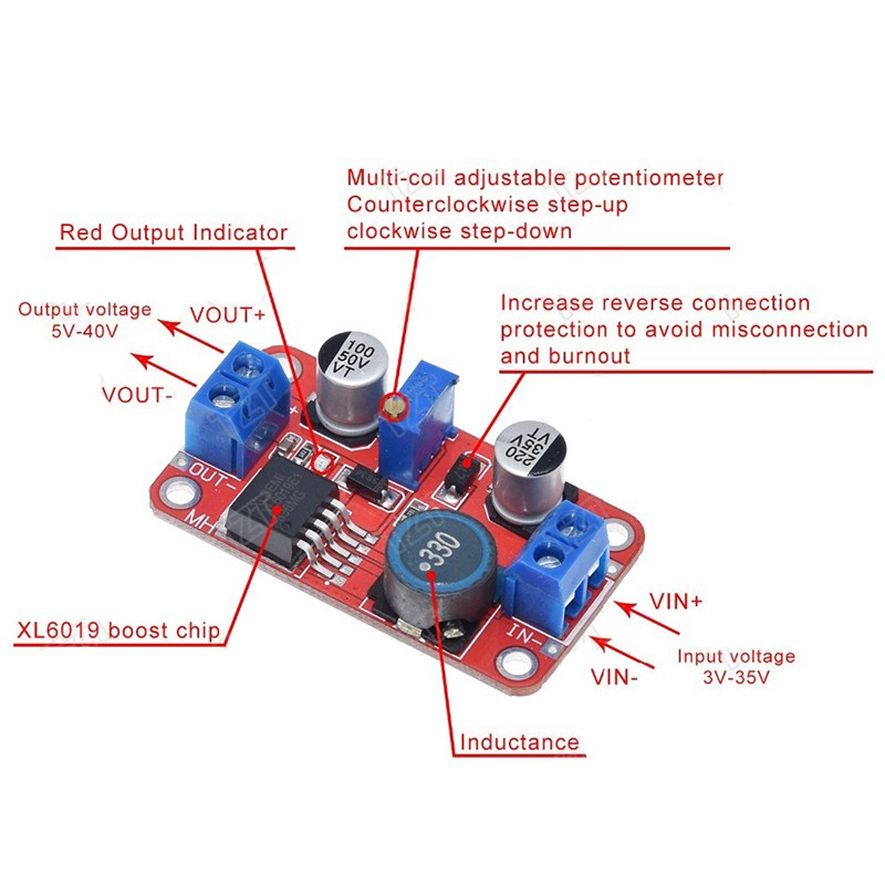 XL6019 5A DC-DC Mô-đun nguồn nâng cấp Bộ chuyển đổi điện áp 3.3V-35V sang 5V 6V 9V 12V 24V